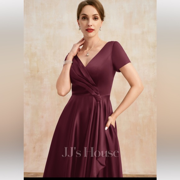 A-line V-Neck Tea-Length Satin Mother of the Bride Dress With Cascading Ruffles - Picture 4 of 7